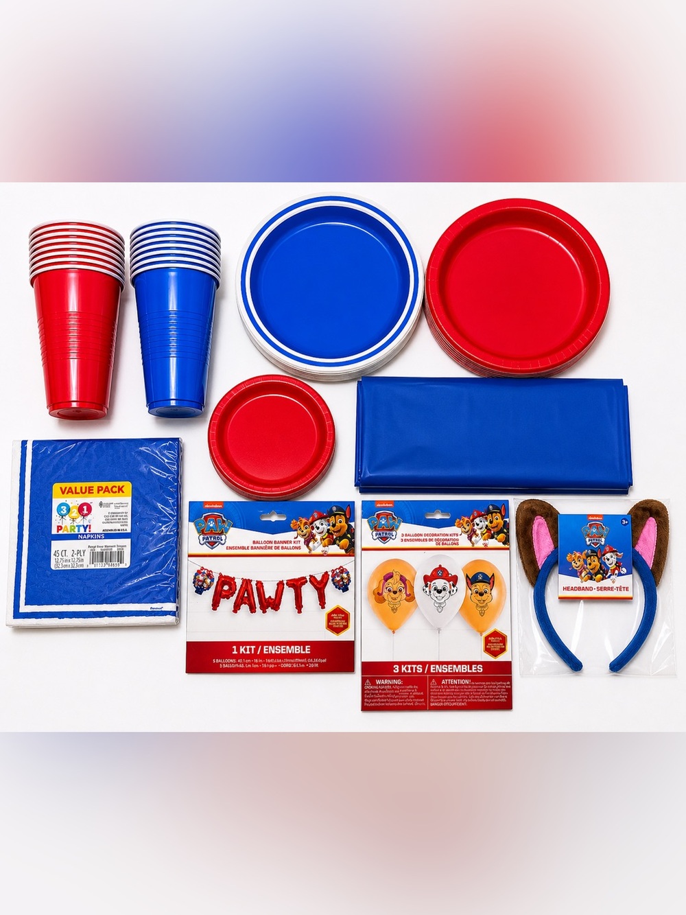 Paw Patrol Kids Party lot- balloons, banner, headband, cups, plates, tablecloth